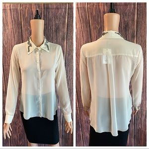 Costa Blanca Chantilly small NWT Jeweled collar cream blouse chiffon